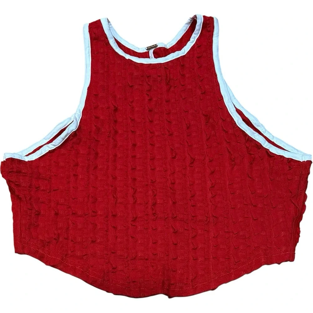 Free People Maci Textured Red White Open Back Lace Up Tank Top XS New